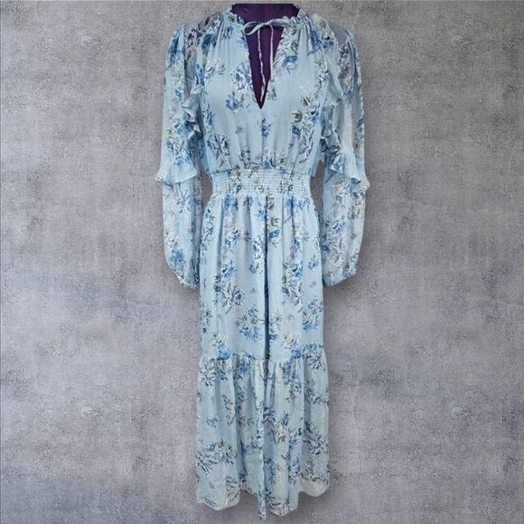 InterMix Ariana Floral Silk Midi Dress Periwinkle‎ Tiered Blouson Size 6 E56 - Picture 1 of 10